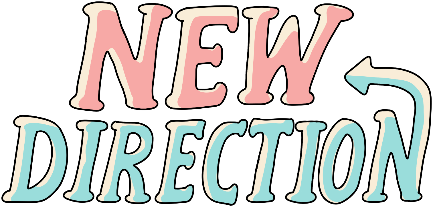 לוגו הספר New Direction באנגלית, אותיות מאוירות בוורוד ובטורקיז עם חץ
