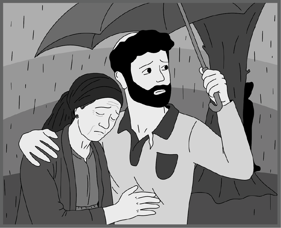 פאנל מהרומן הגרפי: גבר עם מטריה מחבק אישה מבוגרת