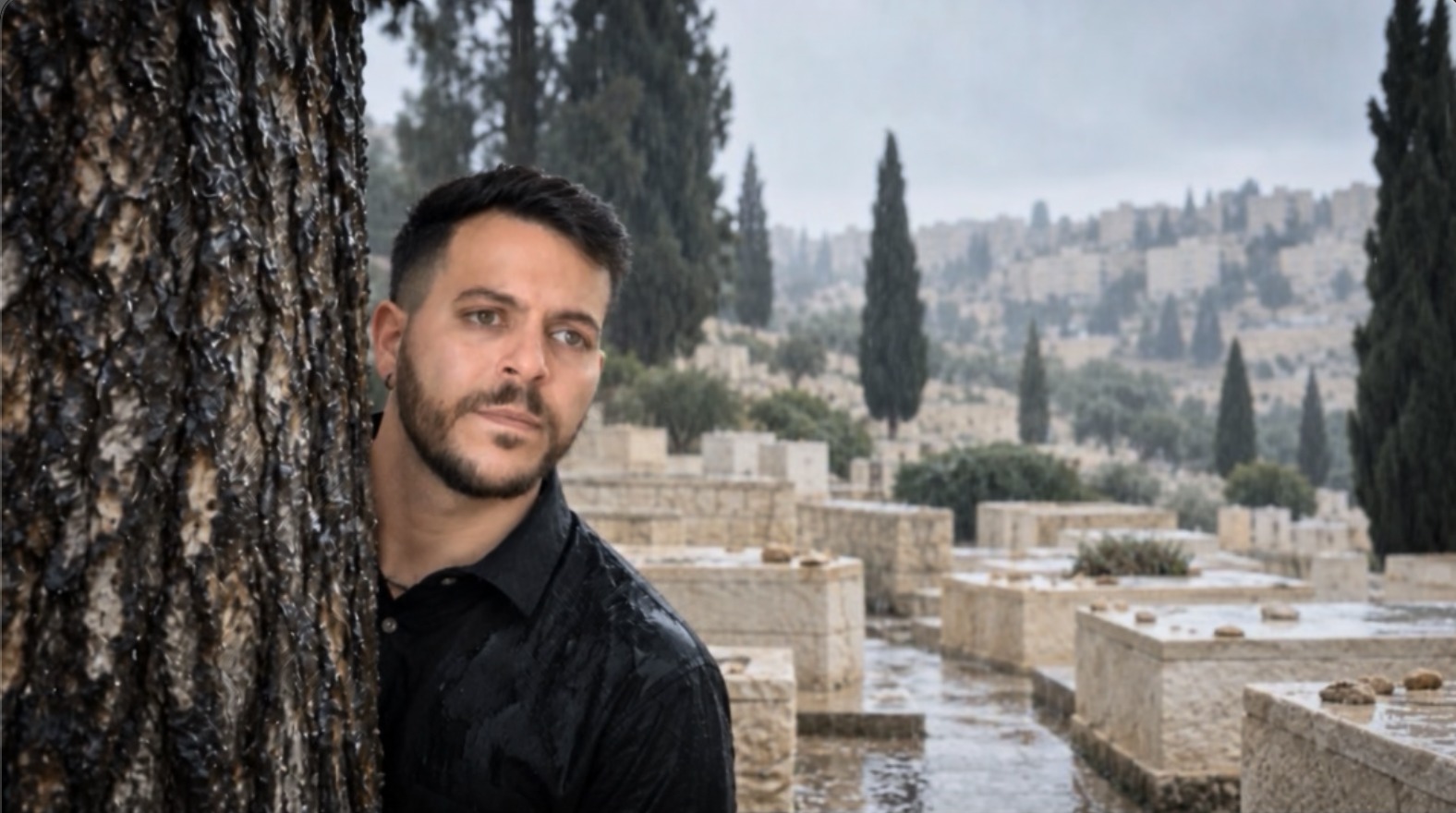 פריים מעובד ב־AI מעולם כיוון חדש: דמות מציצה מאחורי עץ בבית קברות גשום