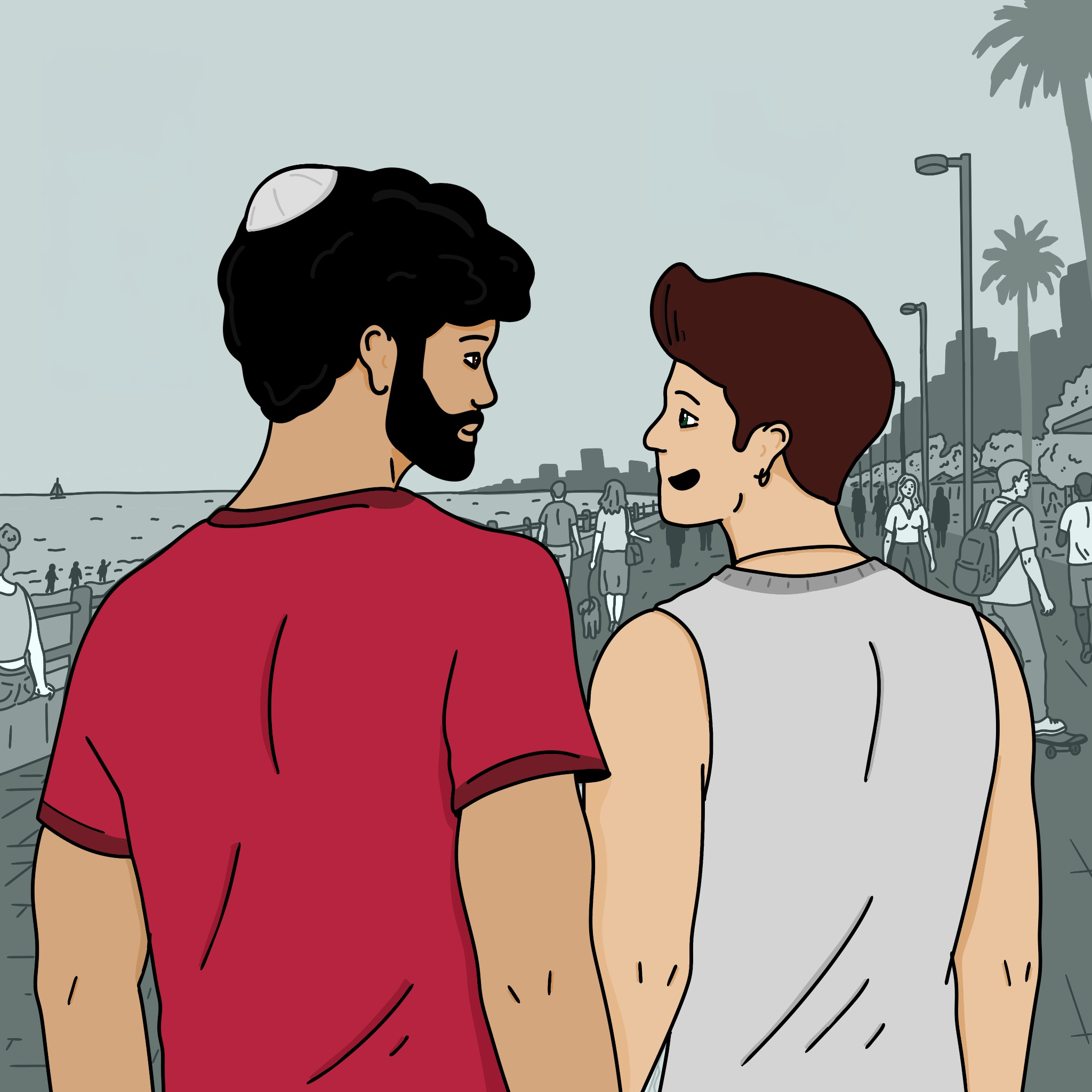 איור מתוך כיוון חדש: רוי ואריה מביטים זה בזה בטיילת