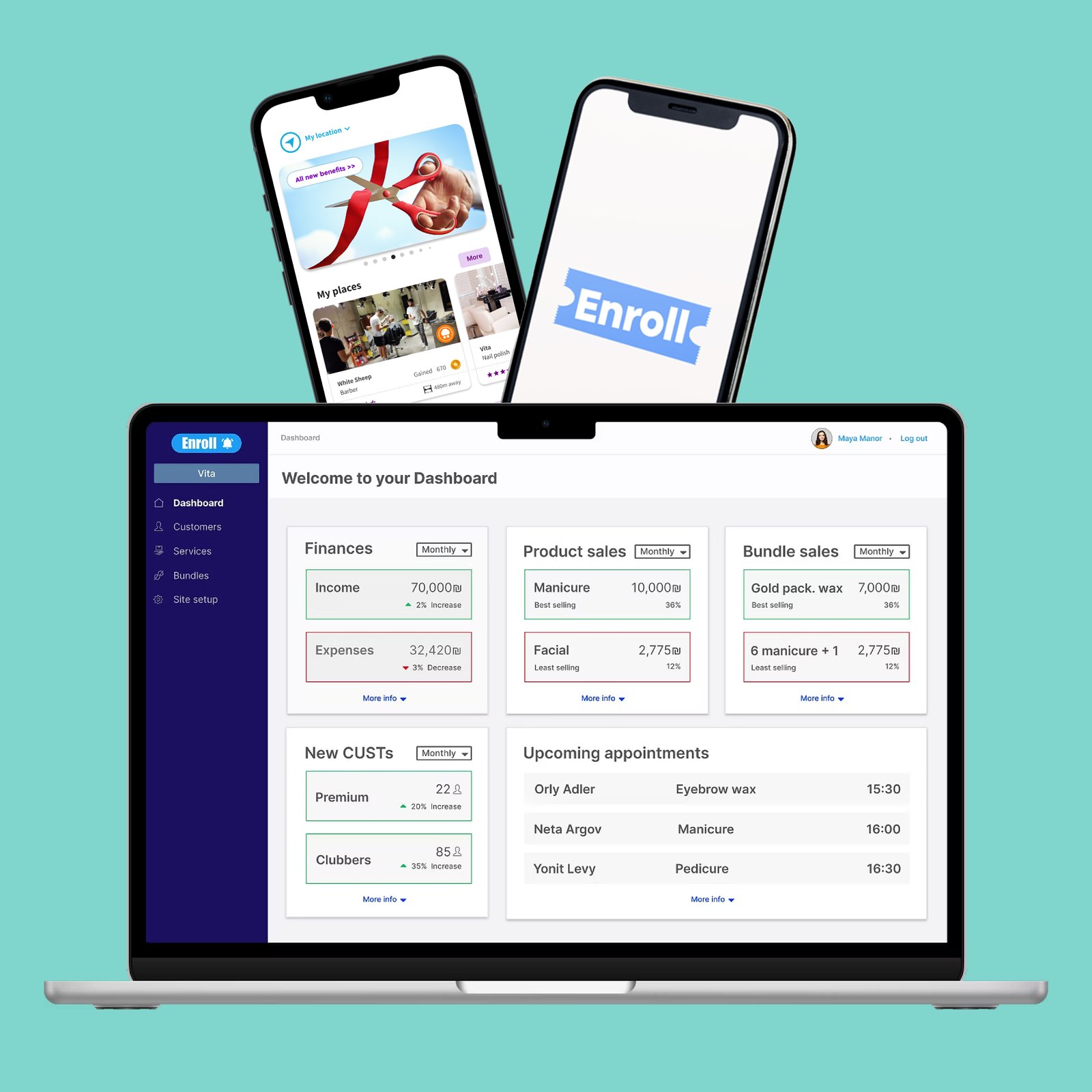 פלטפורמת Enroll: מסכי מובייל ללקוחות ולוח הניהול של בעל העסק