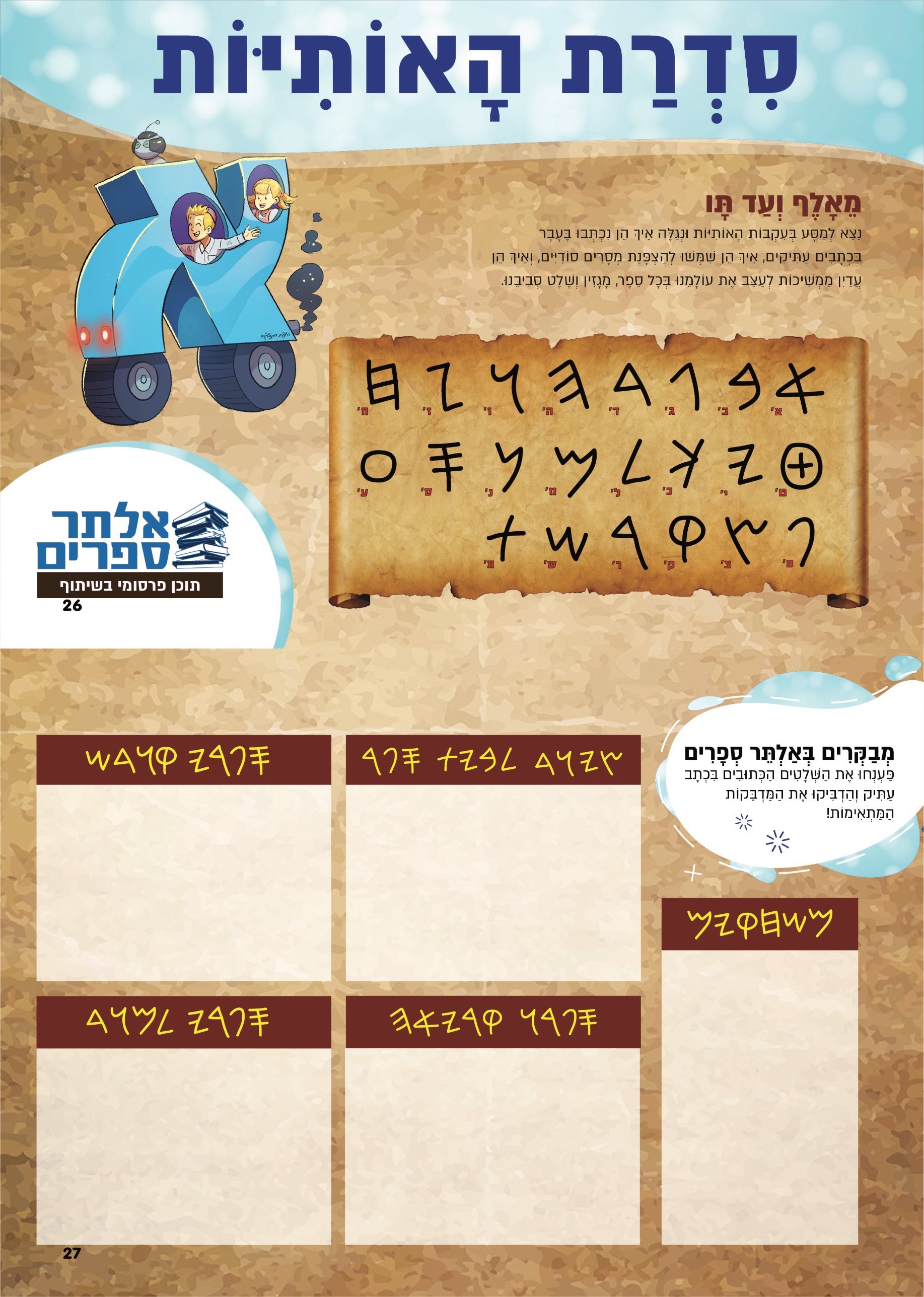 עמוד מהאלבום, סדרת האותיות: כותרת, כתב קדום על מגילה, הסבר על פענוח ומשבצות להדבקת קלפים
